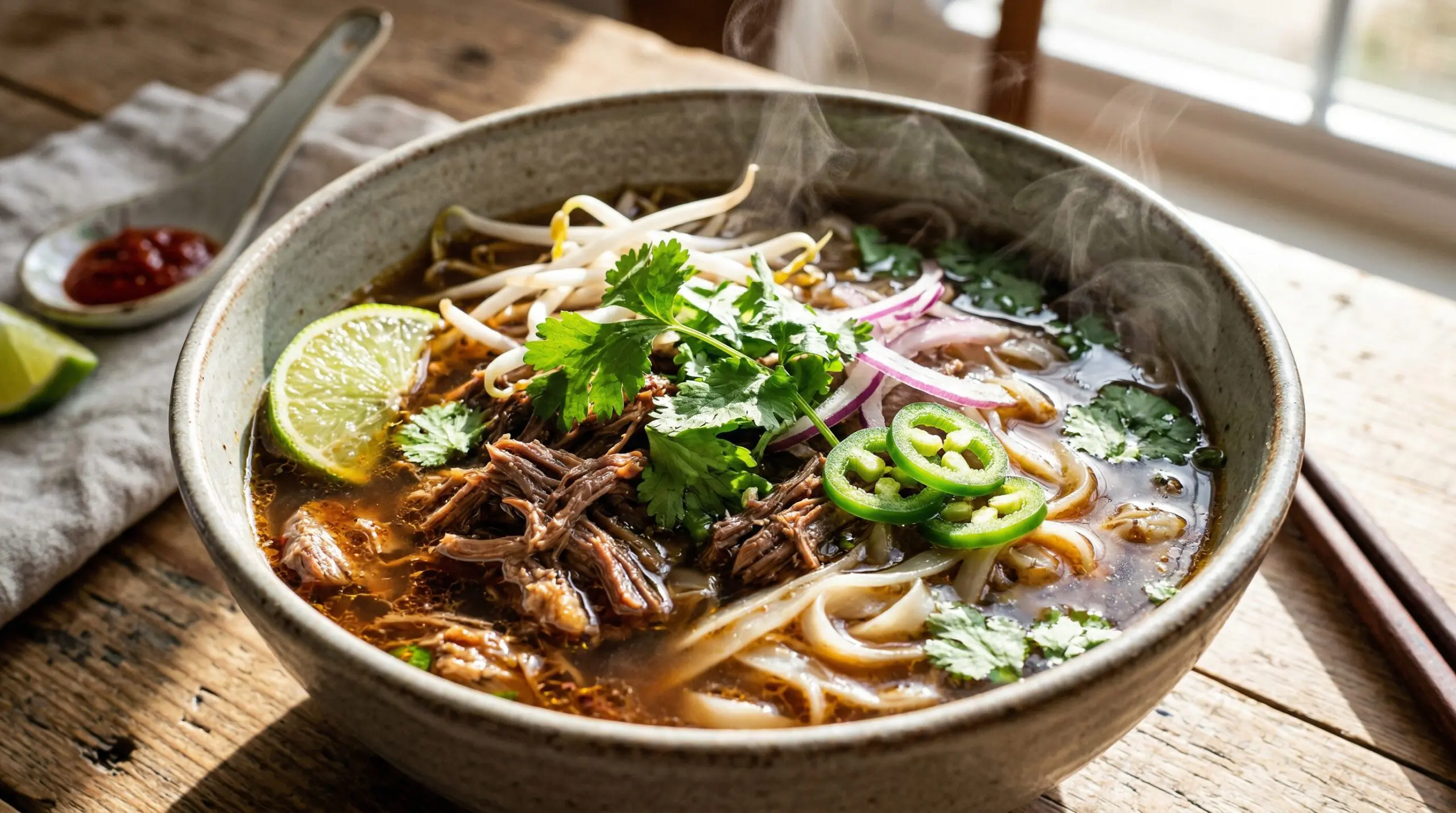 Stunning plated serving of Traditional Vietnamese Beef Pho, a chef-tested recipe by Chef Jorj Morgan.