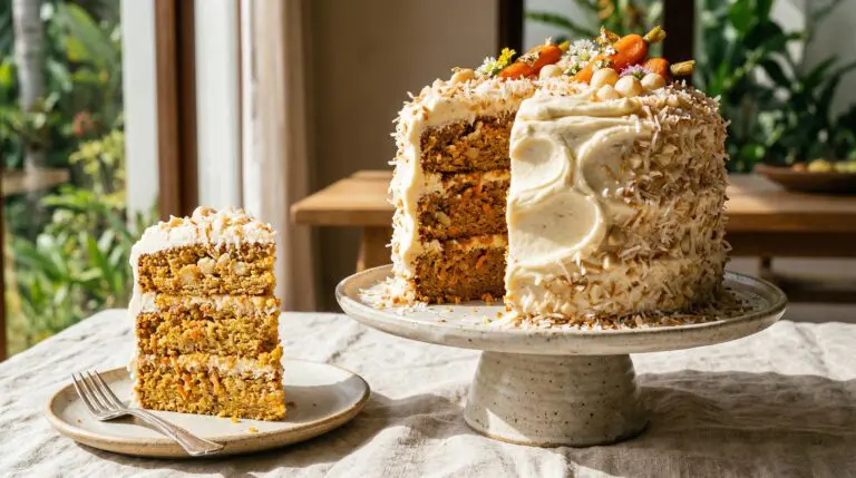 Stunning plated serving of Tropical Carrot & Macadamia Nut Cake, a chef-tested recipe by Chef Jorj Morgan.