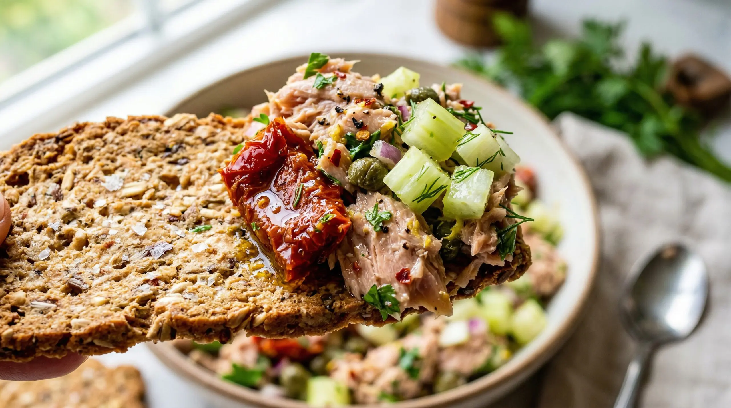 Macro detail of oil-packed tuna, julienned sun-dried tomatoes, and fresh dill