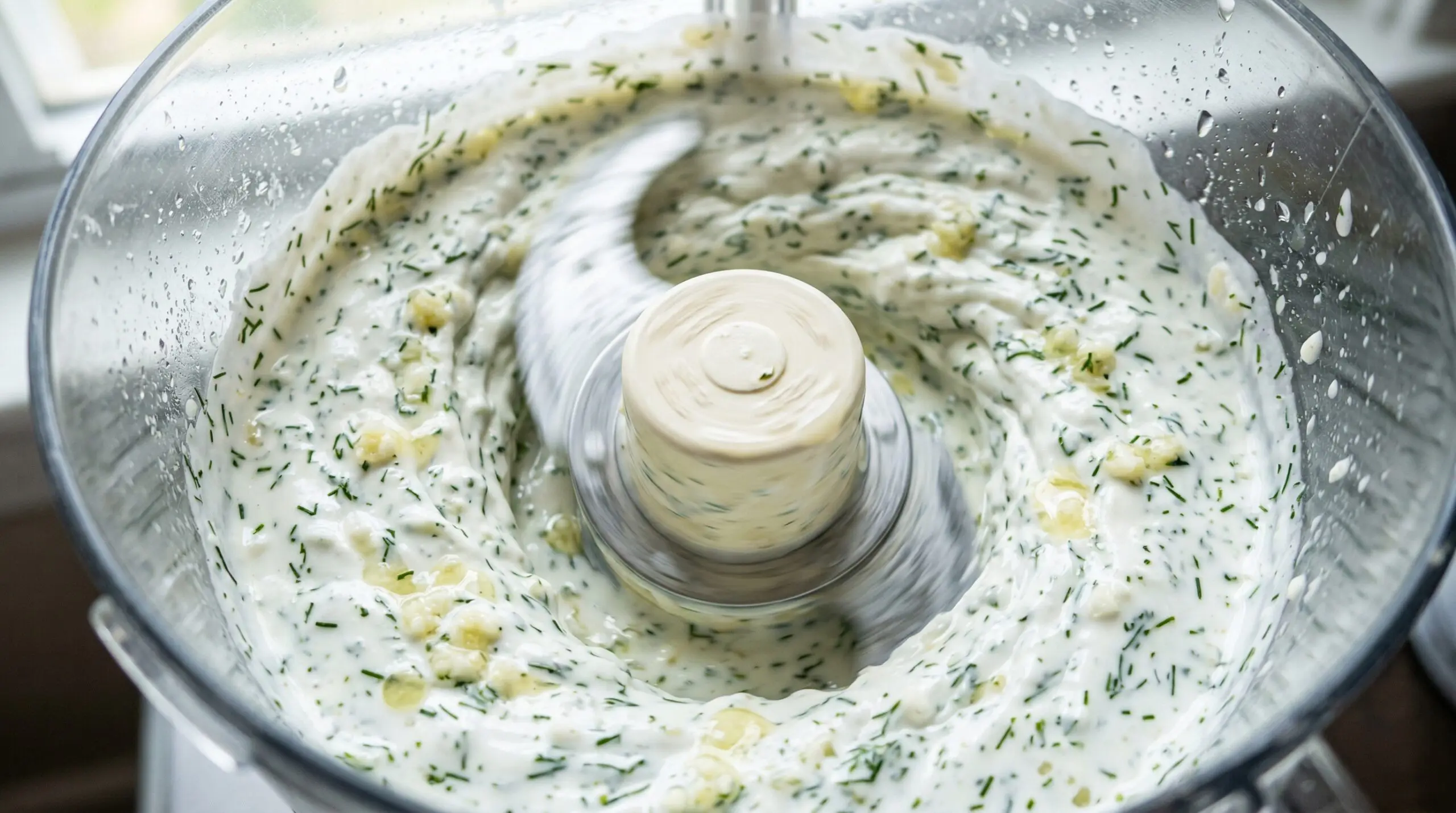 Macro detail of bright white Greek yogurt, fresh dill, and lemon juice whirling into a perfectly smooth tzatziki sauce inside a food processor