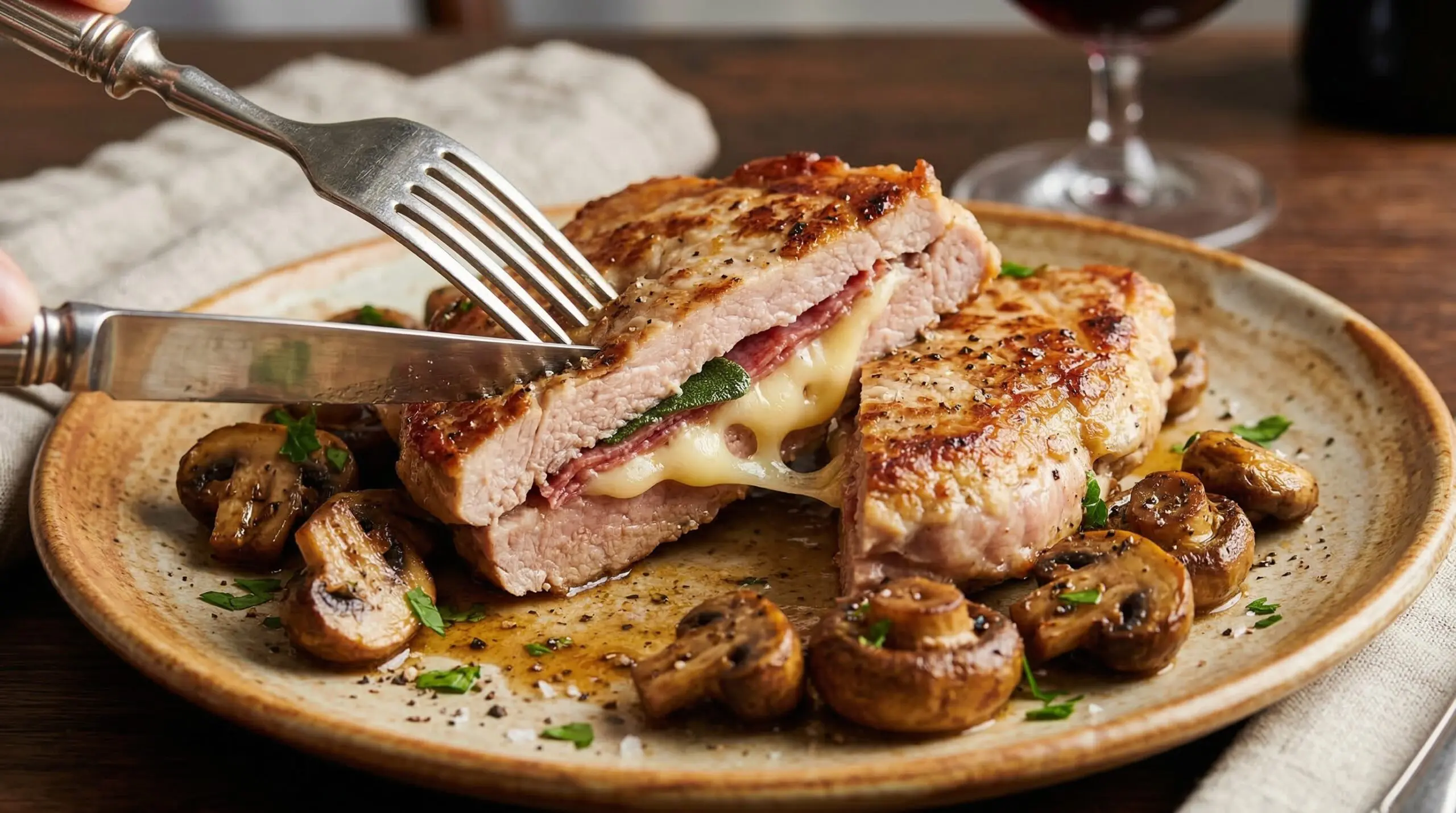 Macro detail of golden pan-fried veal revealing molten Swiss cheese and savory salami