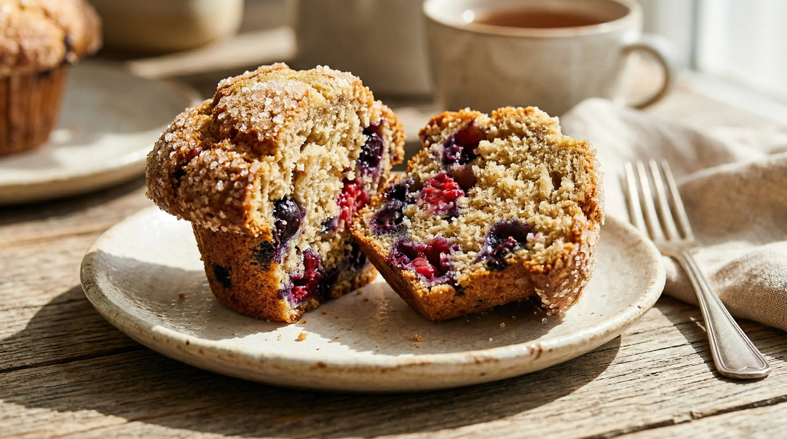 Stunning plated serving of Very Berry Muffins, a chef-tested recipe by Chef Jorj Morgan.