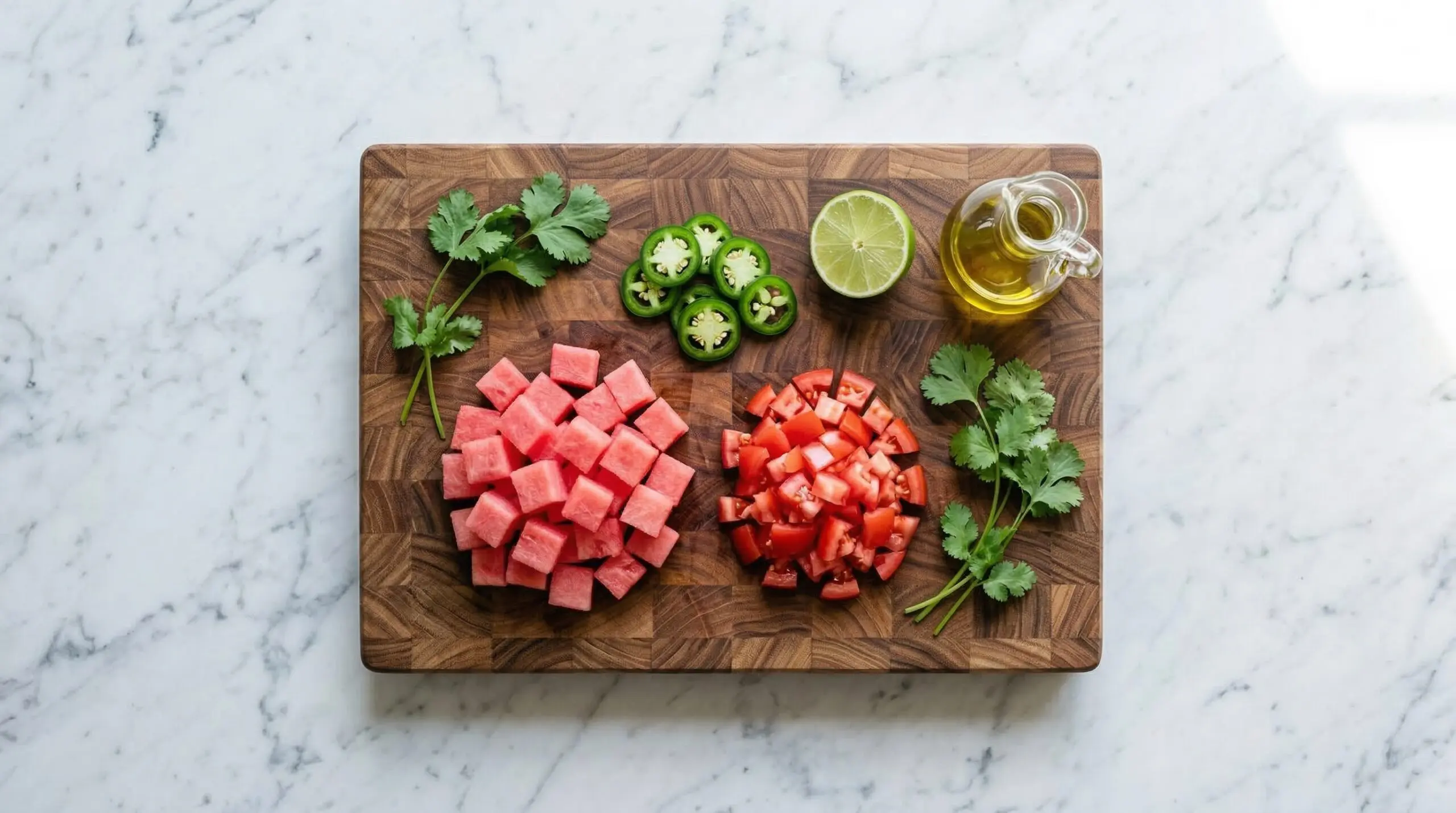 Diced watermelon, tomatoes, jalapeu00f1os, and cilantro on a marble prep station