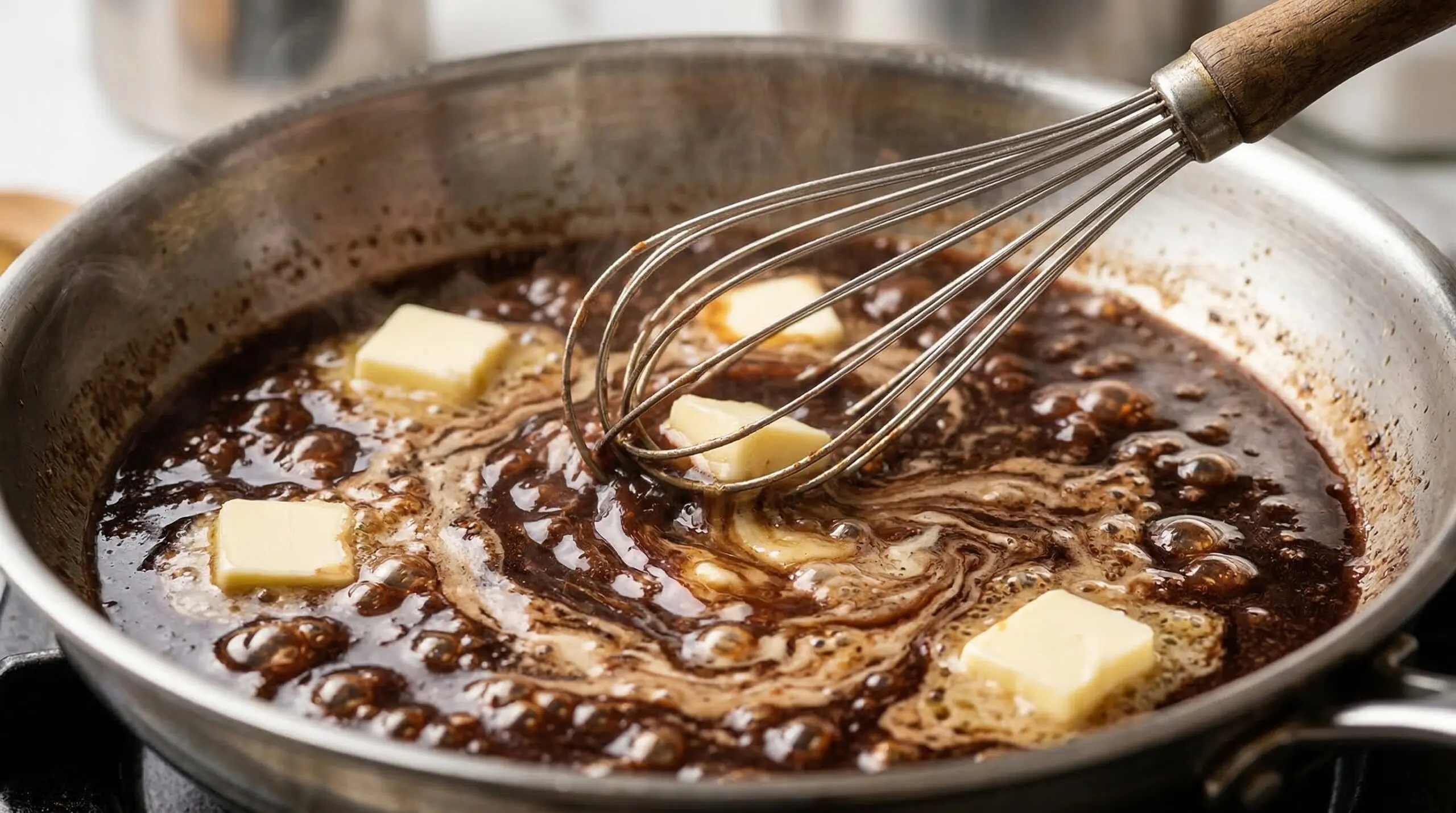 A wire whisk stirring cold butter cubes into a glossy, dark pan sauce inside a stainless skillet