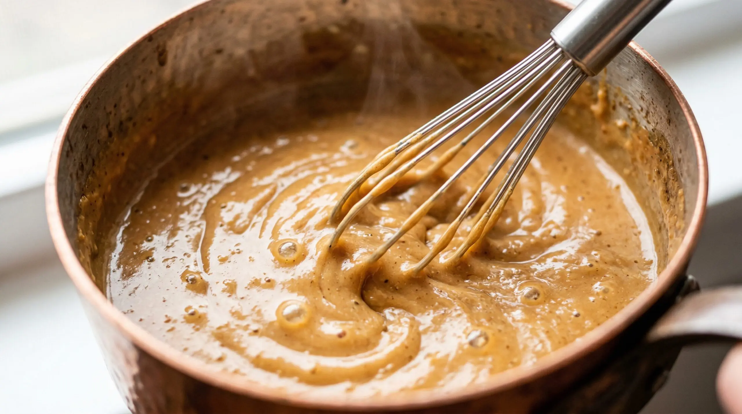Macro detail of thick coconut milk, rich peanut butter, and fresh lime juice actively being whisked together in a small copper saucepan