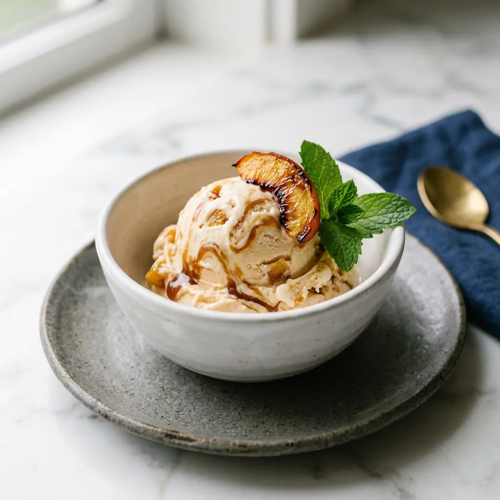 Stunning plated serving of Roasted Peach Caramel Ice Cream, a chef-tested recipe by Chef Jorj Morgan.