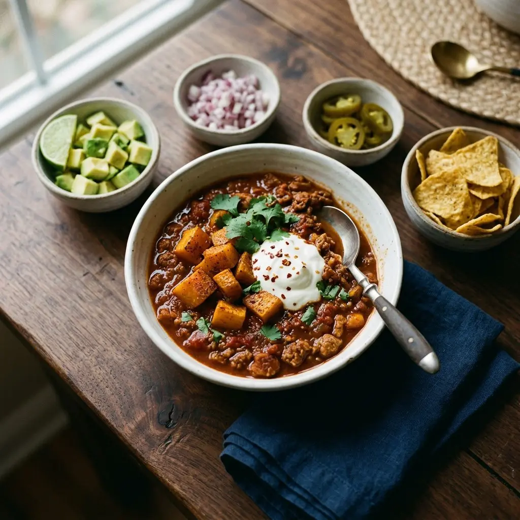 Stunning plated serving of Turkey Chili with Roasted Butternut Squash, a chef-tested recipe by Chef Jorj Morgan.