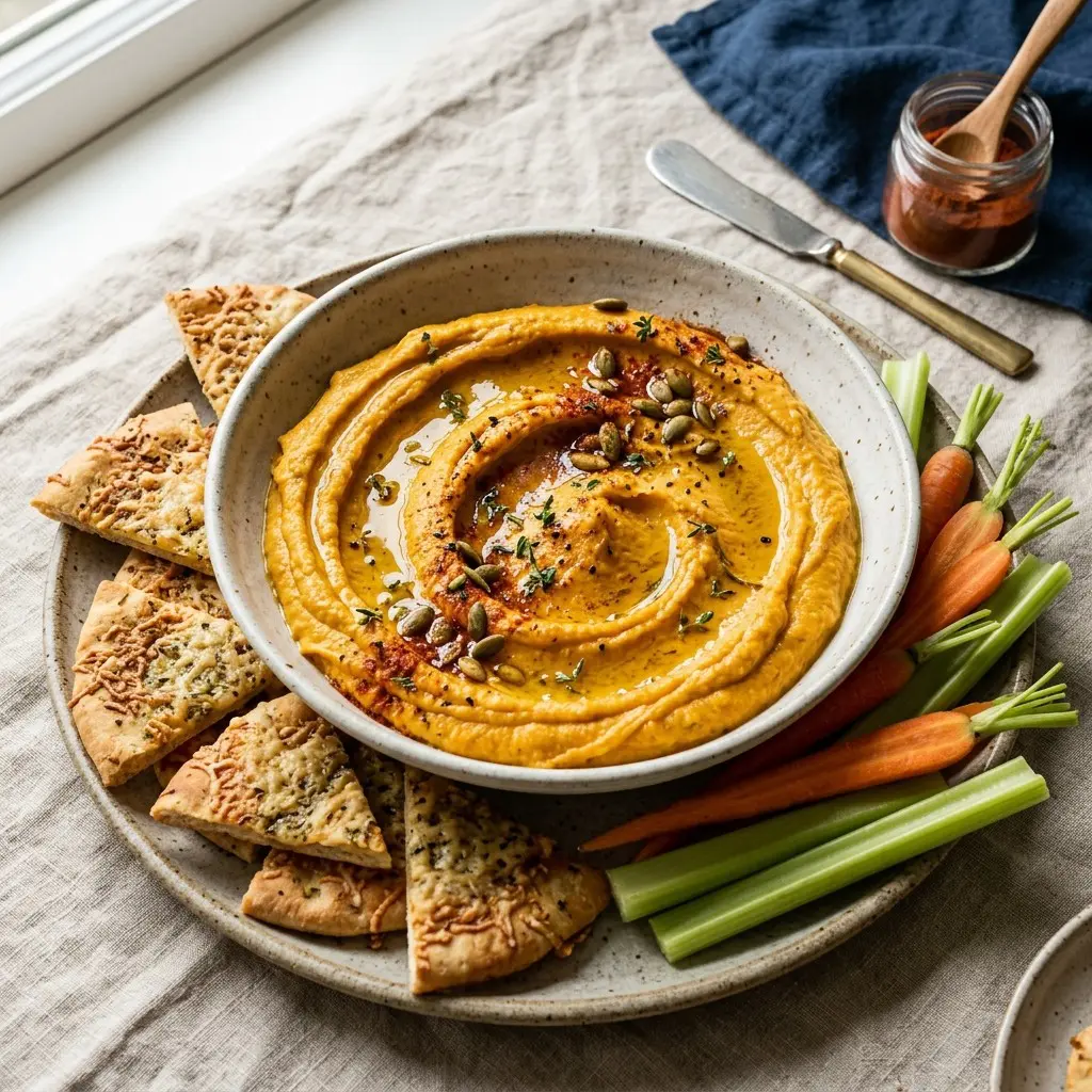 Stunning plated serving of Pumpkin Hummus & Parmesan Pita Crisps, a chef-tested recipe by Chef Jorj Morgan.