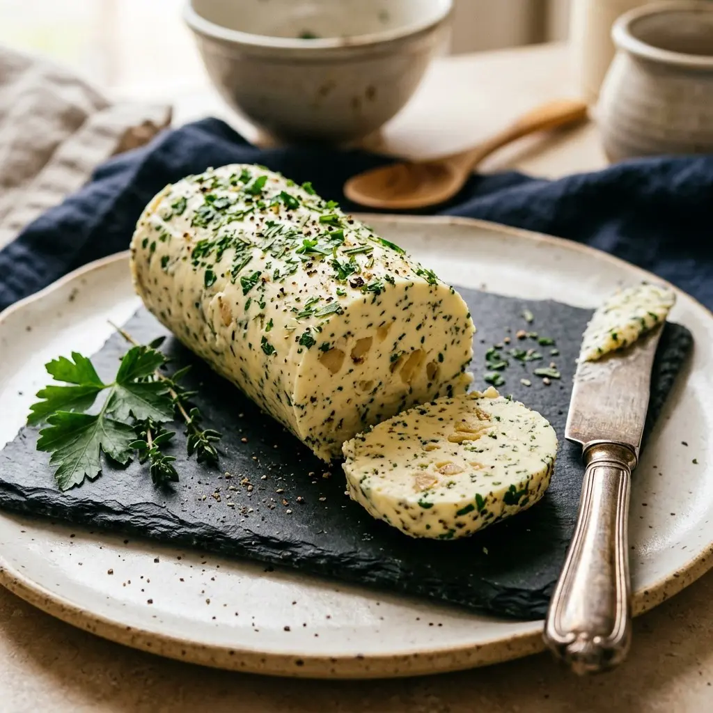 Stunning plated serving of Roasted Garlic Compound Butter, a chef-tested recipe by Chef Jorj Morgan.