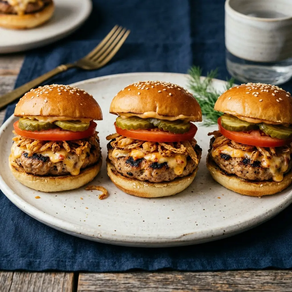 Stunning plated serving of Turkey Burger Sliders with Pimento Cheese, a chef-tested recipe by Chef Jorj Morgan.