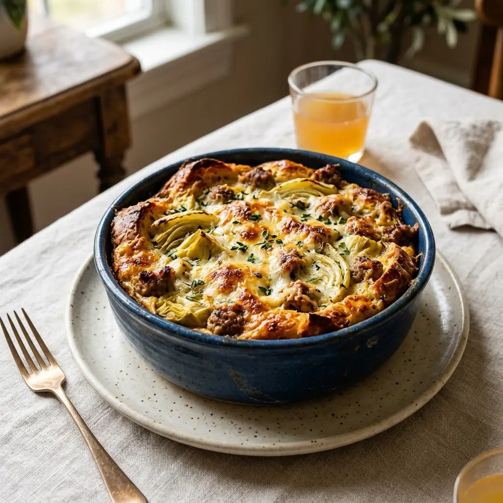 Stunning plated serving of Artichoke & Fennel Strata, a chef-tested recipe by Chef Jorj Morgan.