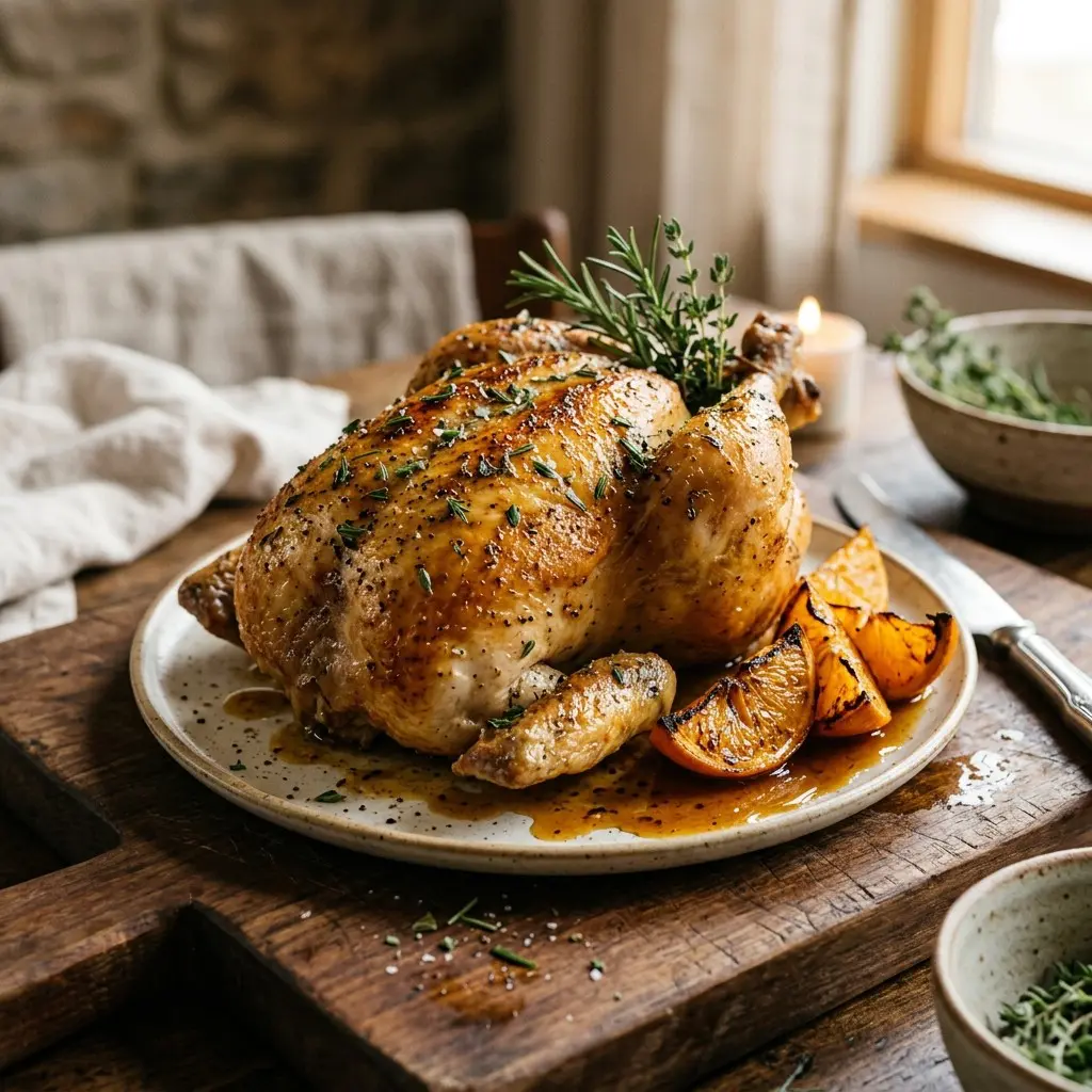Stunning plated serving of Herb Roasted Whole Chicken, a chef-tested recipe by Chef Jorj Morgan.
