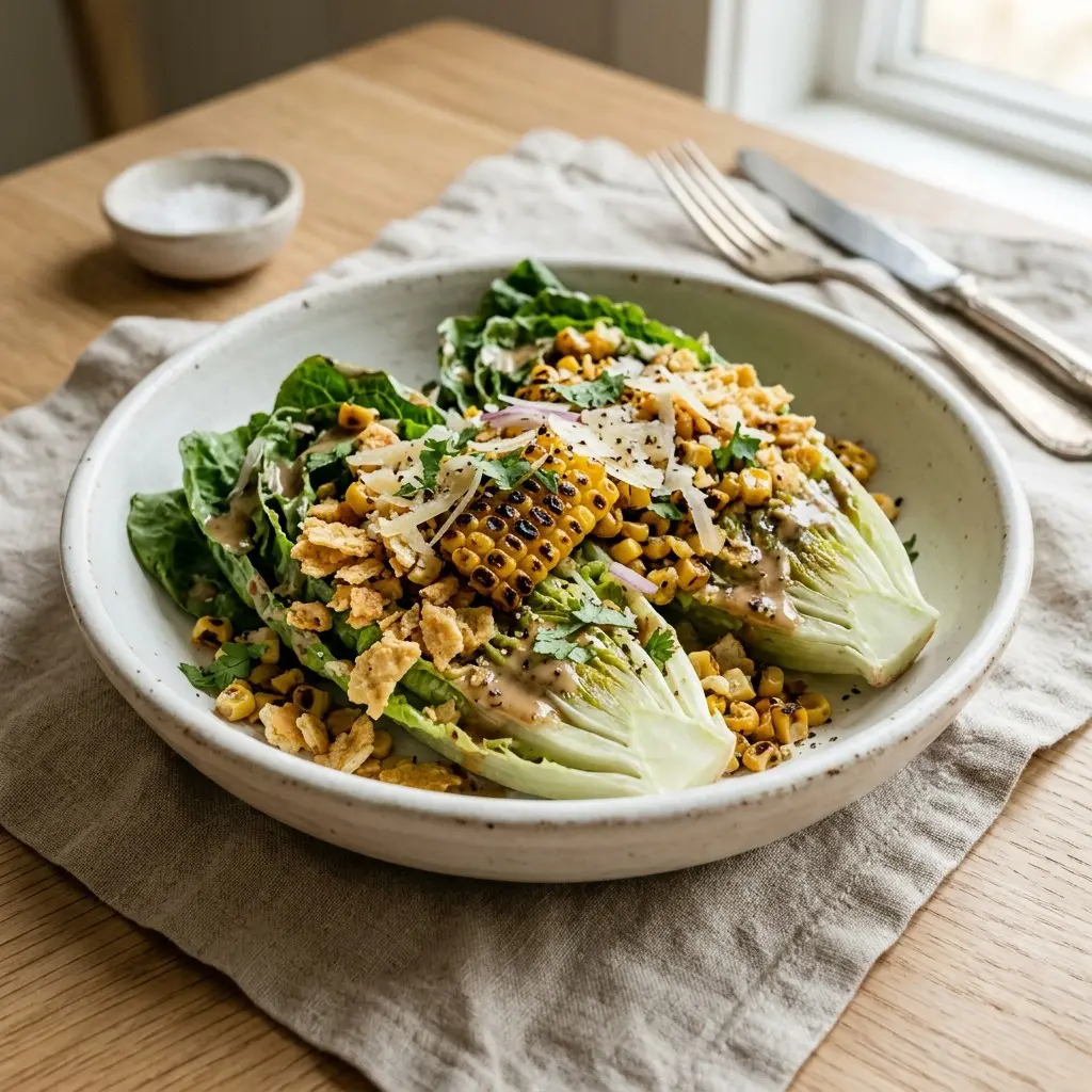 Stunning plated serving of Street Corn Caesar Salad, a chef-tested recipe by Chef Jorj Morgan.