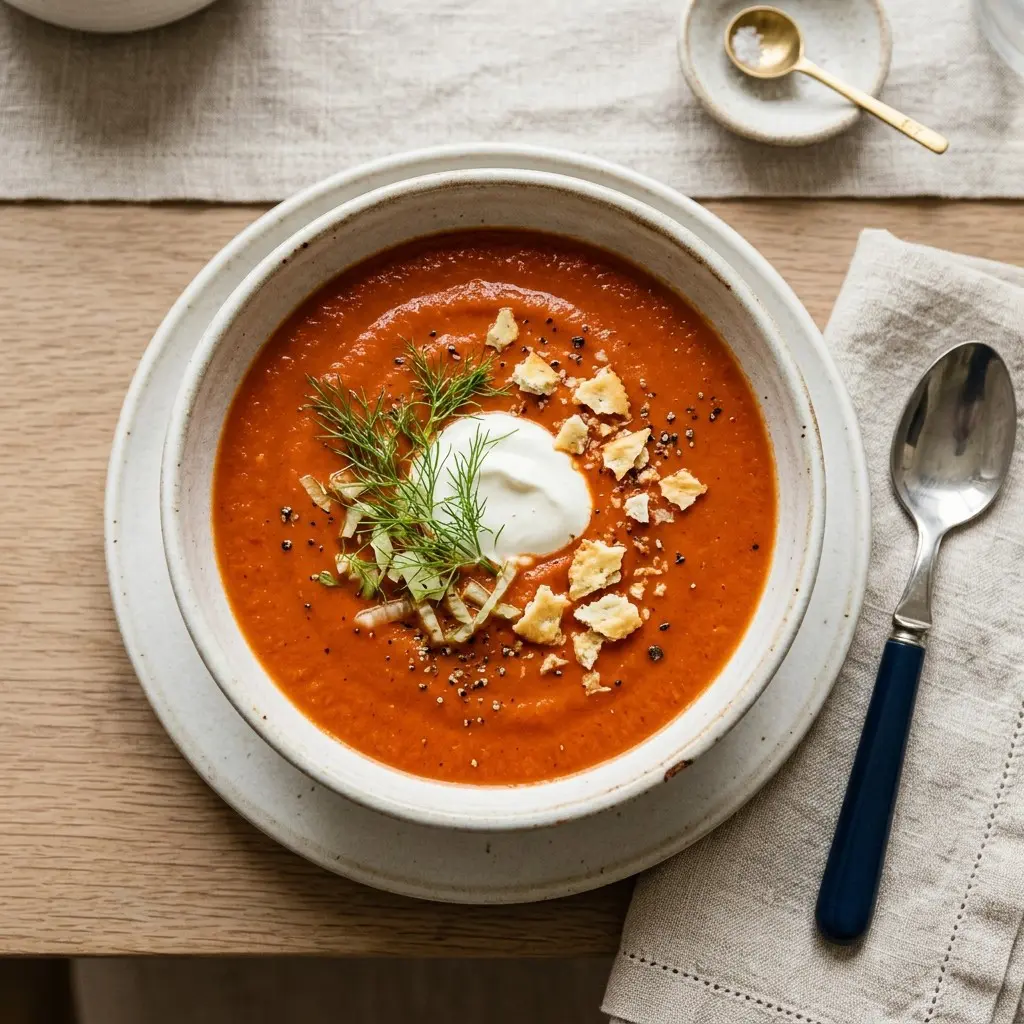Stunning plated serving of Tomato Soup with Jalapeño and a Hint of Fennel, a chef-tested recipe by Chef Jorj Morgan.