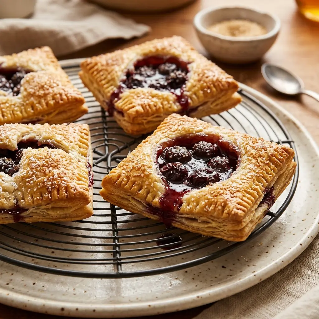 Stunning plated serving of Fresh Cherry Puff Pastry Tarts, a chef-tested recipe by Chef Jorj Morgan.