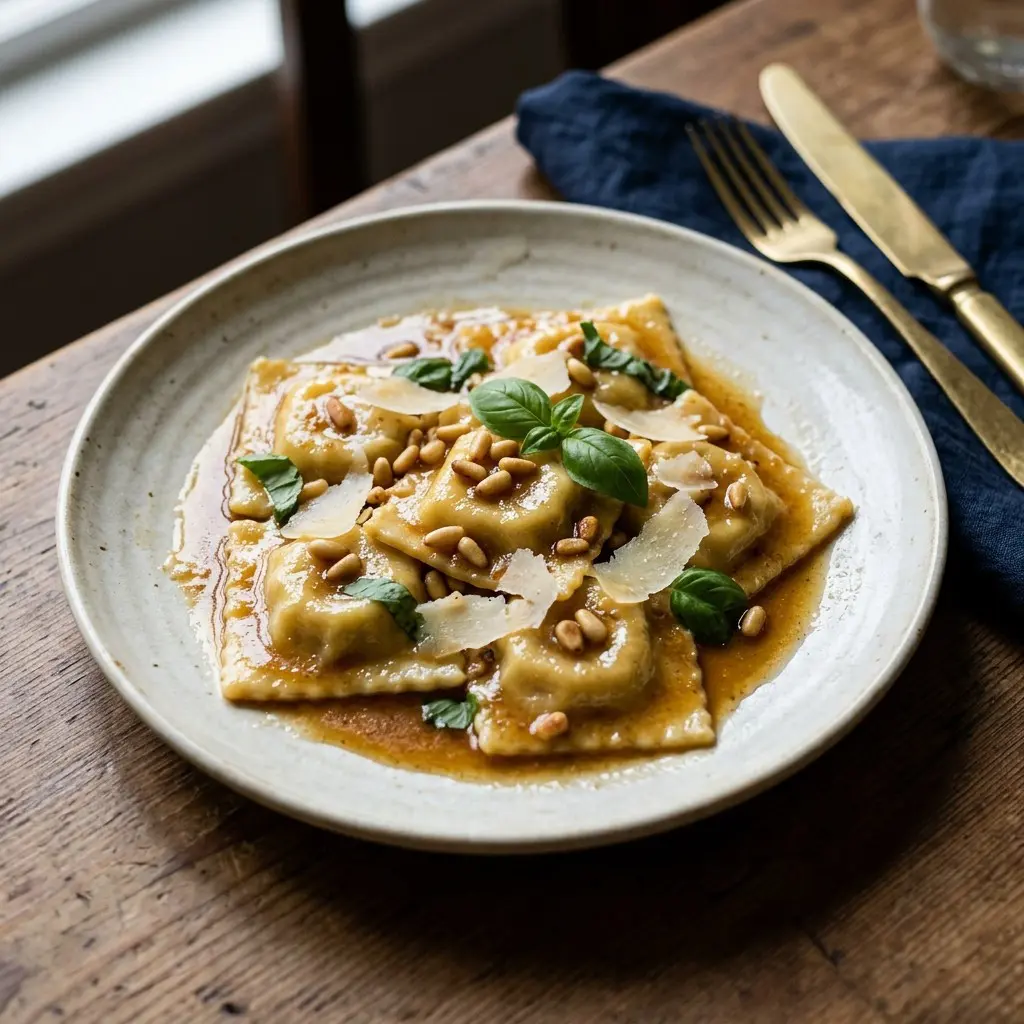 Stunning plated serving of Chicken & Ricotta Wonton Ravioli, a chef-tested recipe by Chef Jorj Morgan.