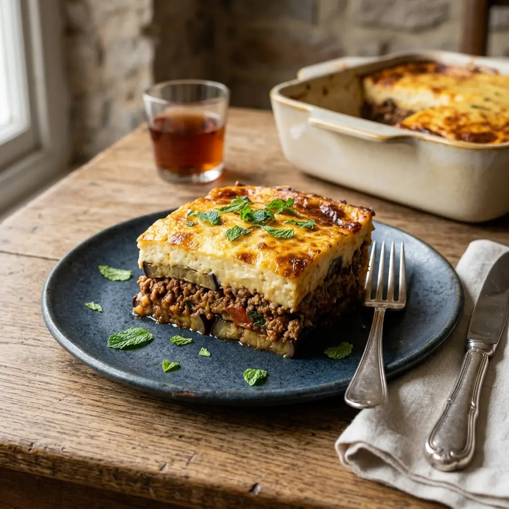 Stunning plated serving of Moussaka Casserole, a chef-tested recipe by Chef Jorj Morgan.