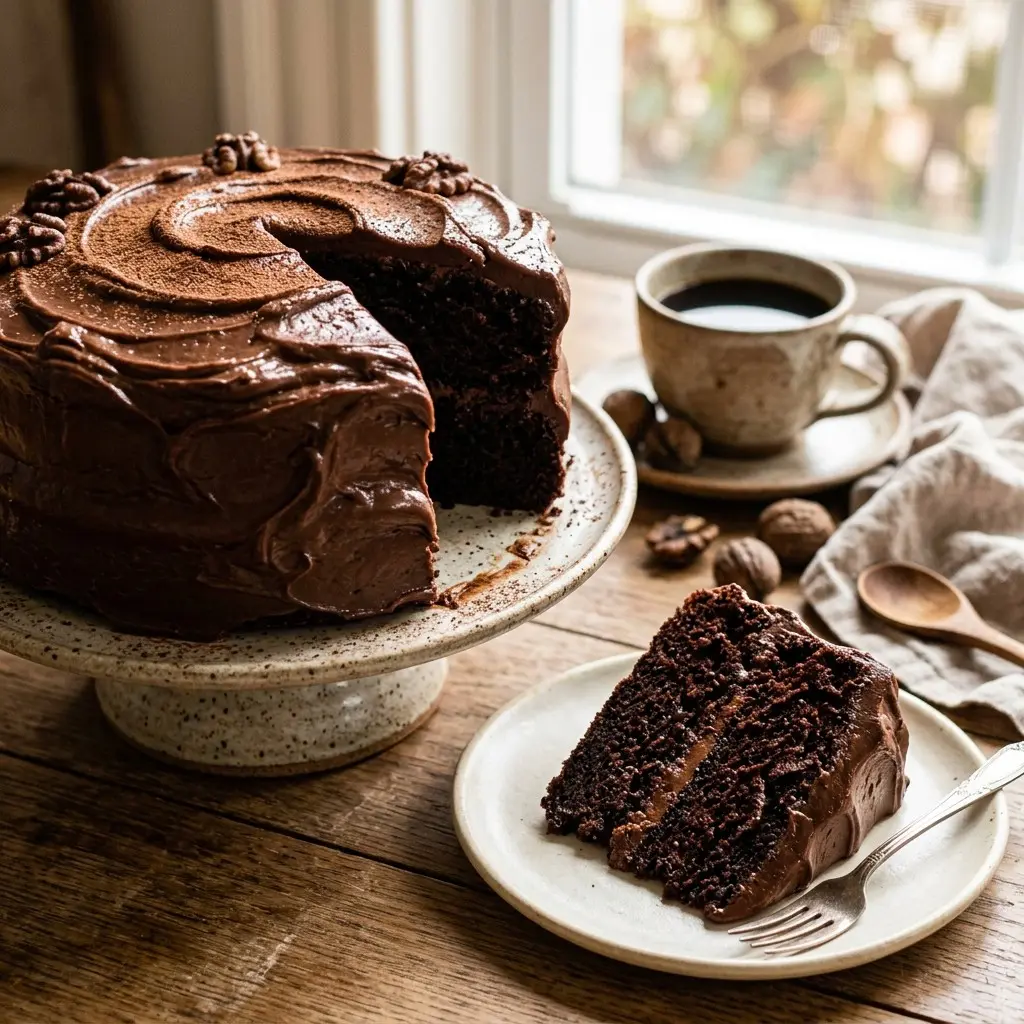 Stunning plated serving of Devil’s Food Chocolate Cake with Black Walnut, a chef-tested recipe by Chef Jorj Morgan.