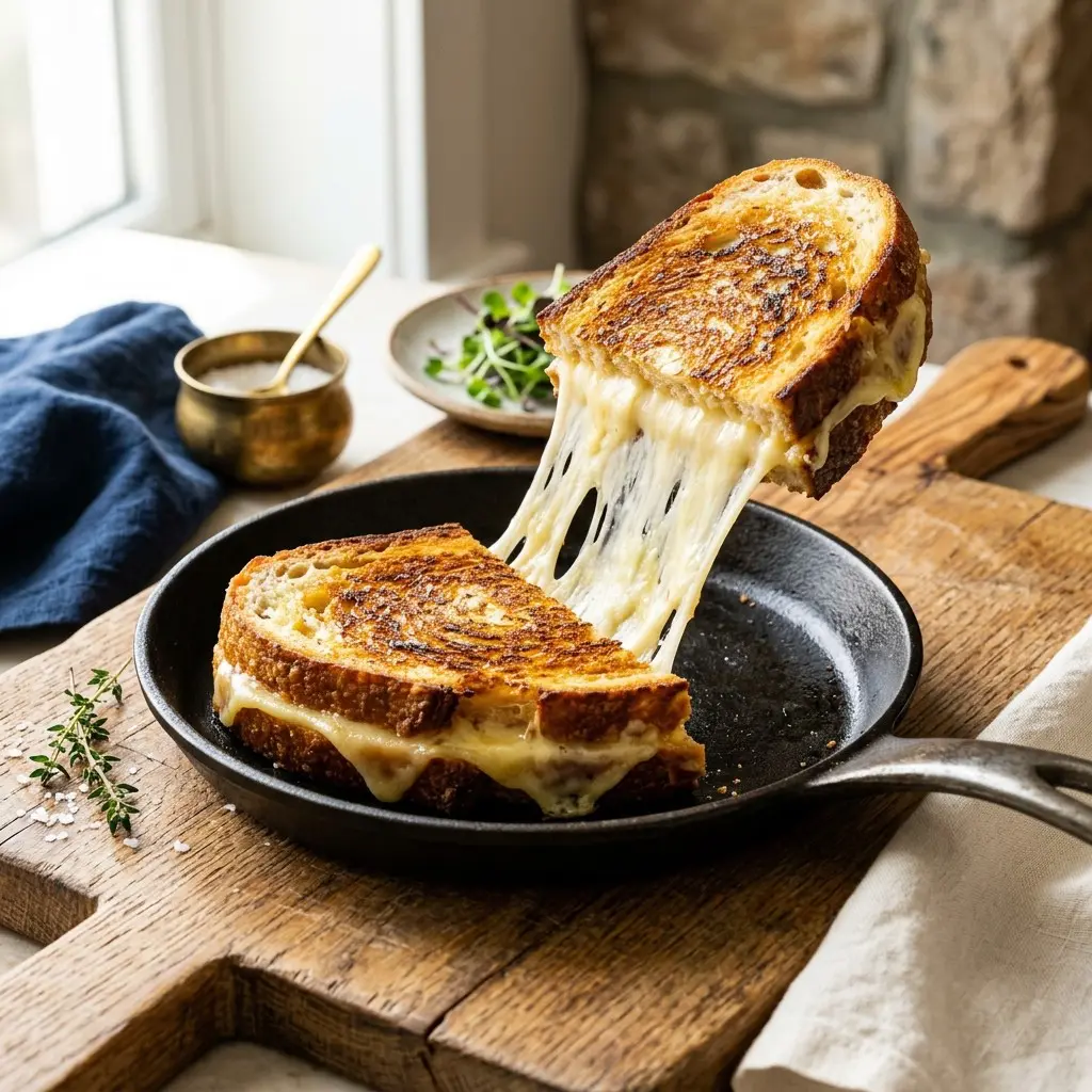 Stunning plated serving of Artisanal Skillet Grilled Cheese Sandwich, a chef-tested recipe by Chef Jorj Morgan.