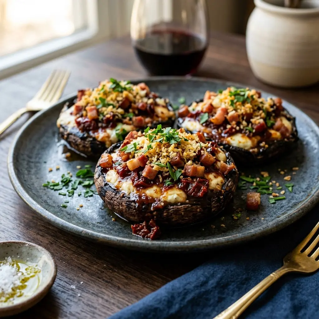 Stunning plated serving of Stuffed Portobello Mushrooms, a chef-tested recipe by Chef Jorj Morgan.