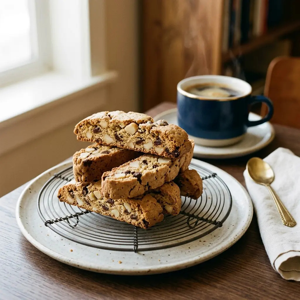Stunning plated serving of Macadamia Chocolate Chip Biscotti, a chef-tested recipe by Chef Jorj Morgan.