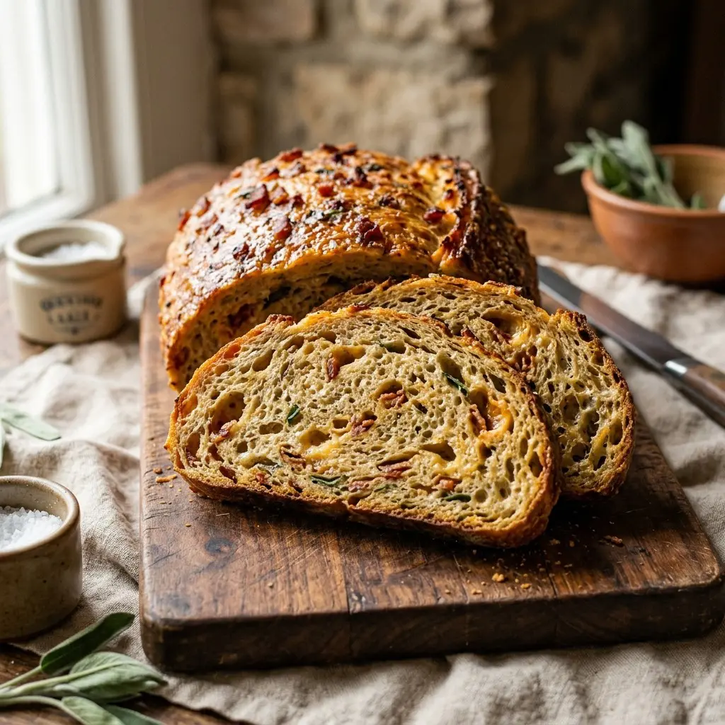 Stunning plated serving of Bacon, Cheddar & Sage Quick Bread, a chef-tested recipe by Chef Jorj Morgan.