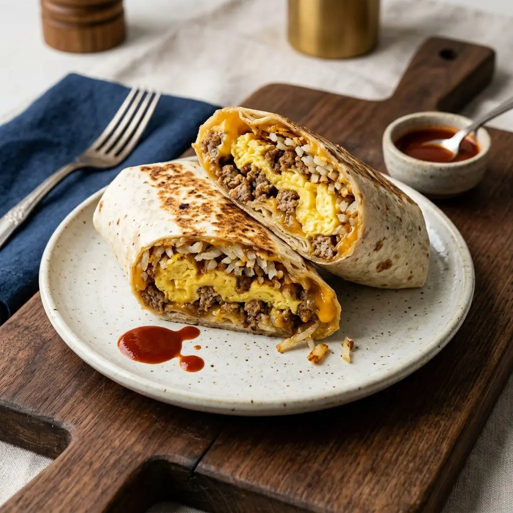 Stunning plated serving of Loaded Hot Breakfast Burritos, a chef-tested recipe by Chef Jorj Morgan.