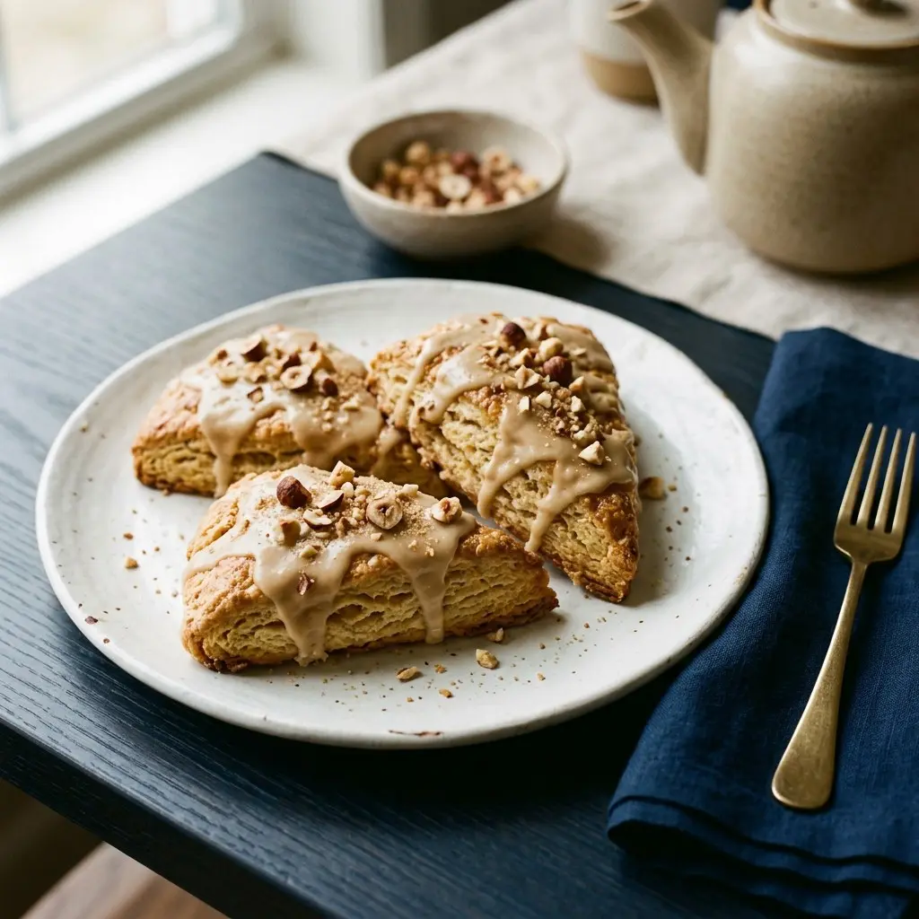 Stunning plated serving of Maple Hazelnut Scones, a chef-tested recipe by Chef Jorj Morgan.
