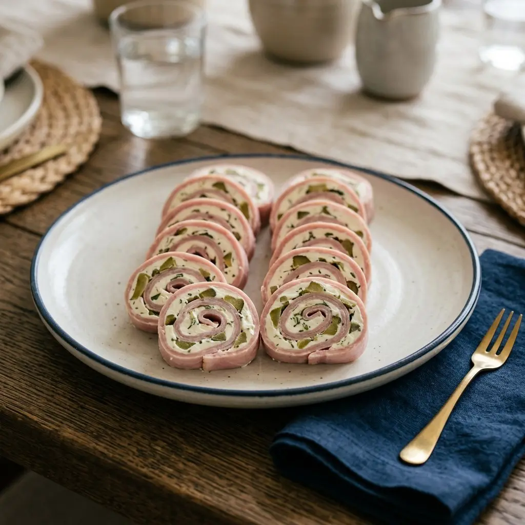 Stunning plated serving of Cream Cheese & Dill Pickle Ham Roll Ups, a chef-tested recipe by Chef Jorj Morgan.