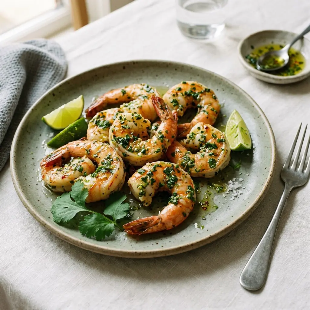 Stunning plated serving of Cilantro Lime Shrimp, a chef-tested recipe by Chef Jorj Morgan.