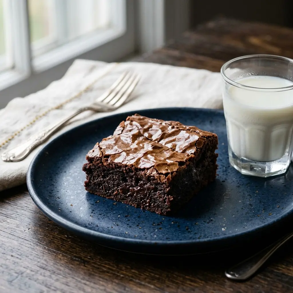 Stunning plated serving of Fudgy Crema Dark Chocolate Brownies, a chef-tested recipe by Chef Jorj Morgan.