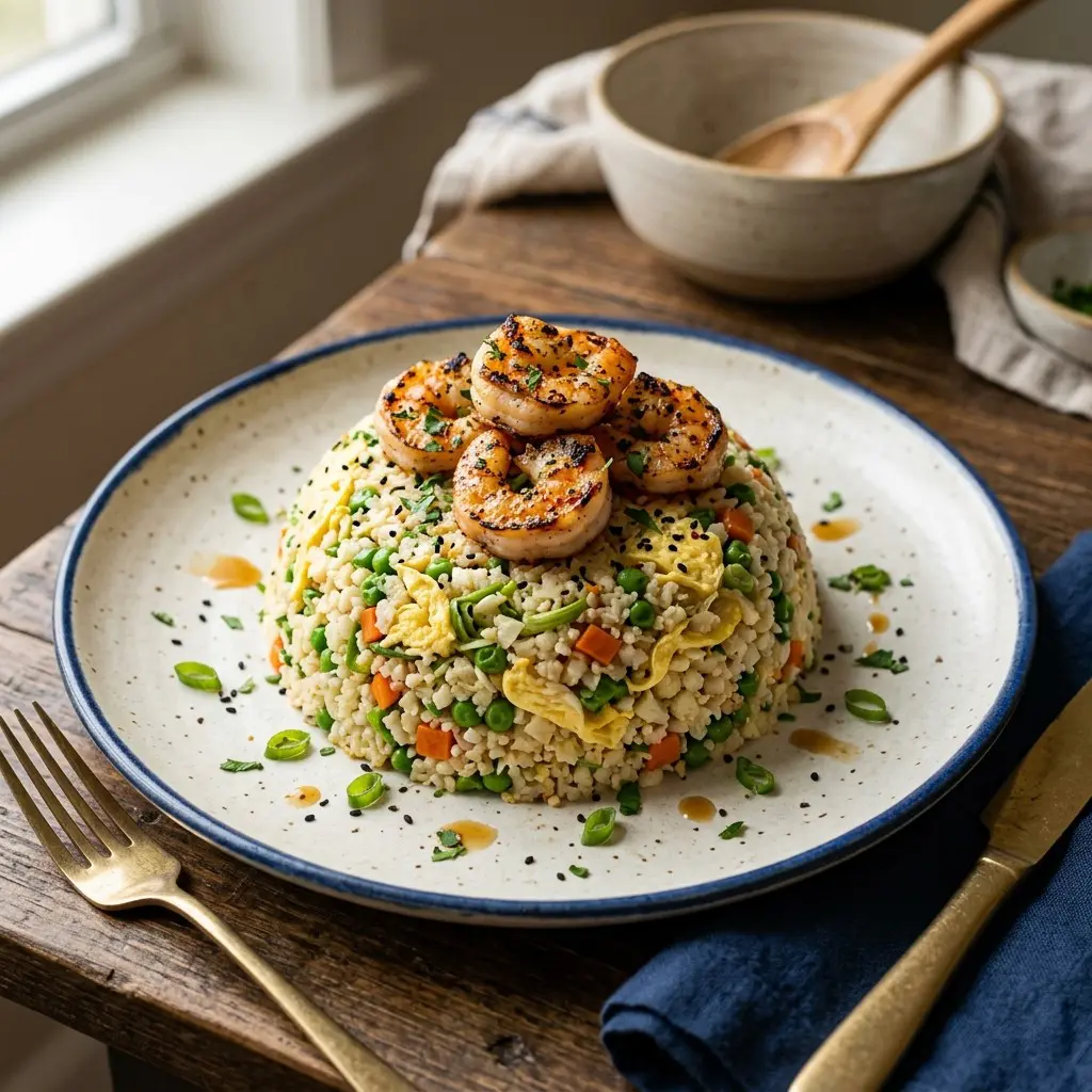 Stunning plated serving of Cauliflower Fried Rice, a chef-tested recipe by Chef Jorj Morgan.