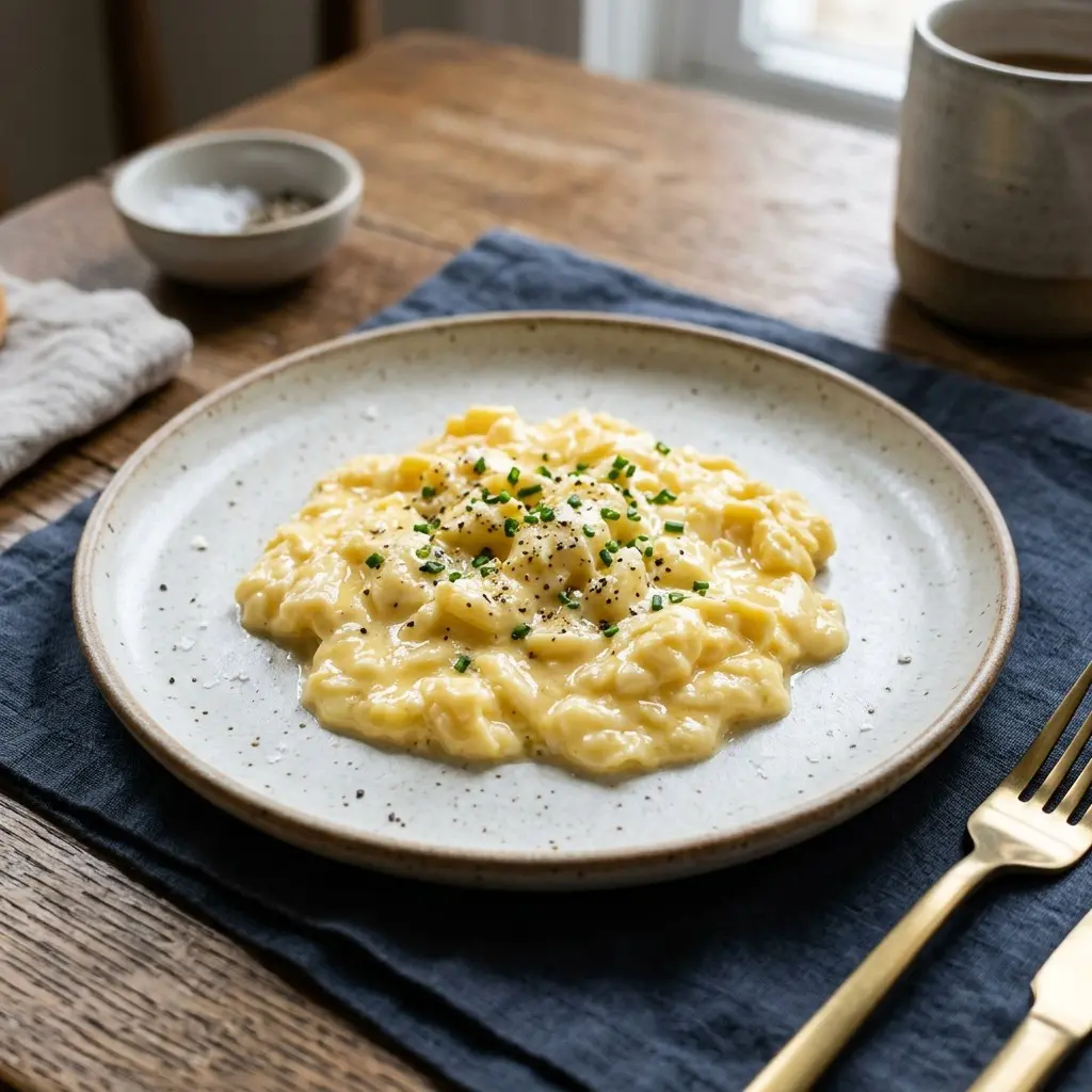 Stunning plated serving of Perfect Scrambled Eggs, a chef-tested recipe by Chef Jorj Morgan.