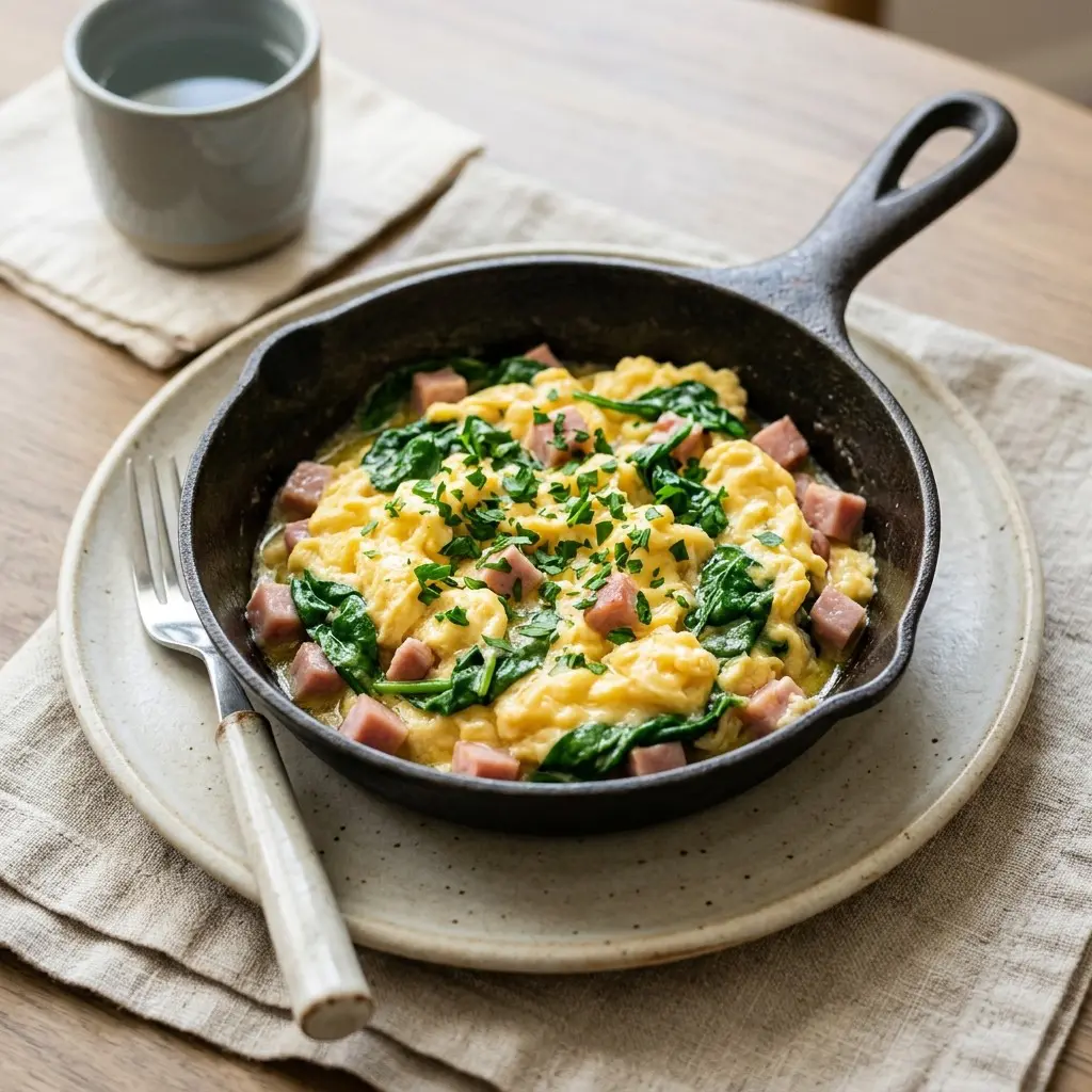 Stunning plated serving of Green Eggs and Ham Scramble, a chef-tested recipe by Chef Jorj Morgan.