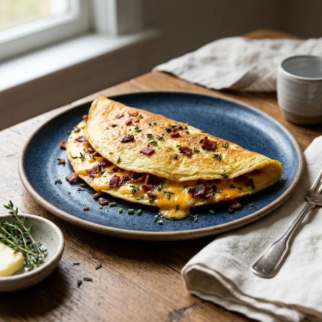 Stunning plated serving of Cheddar-Bacon Omelet, a chef-tested recipe by Chef Jorj Morgan.