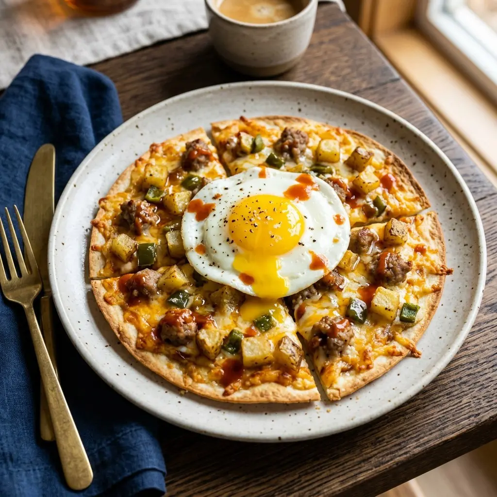 Stunning plated serving of Breakfast Pizzas, a chef-tested recipe by Chef Jorj Morgan.