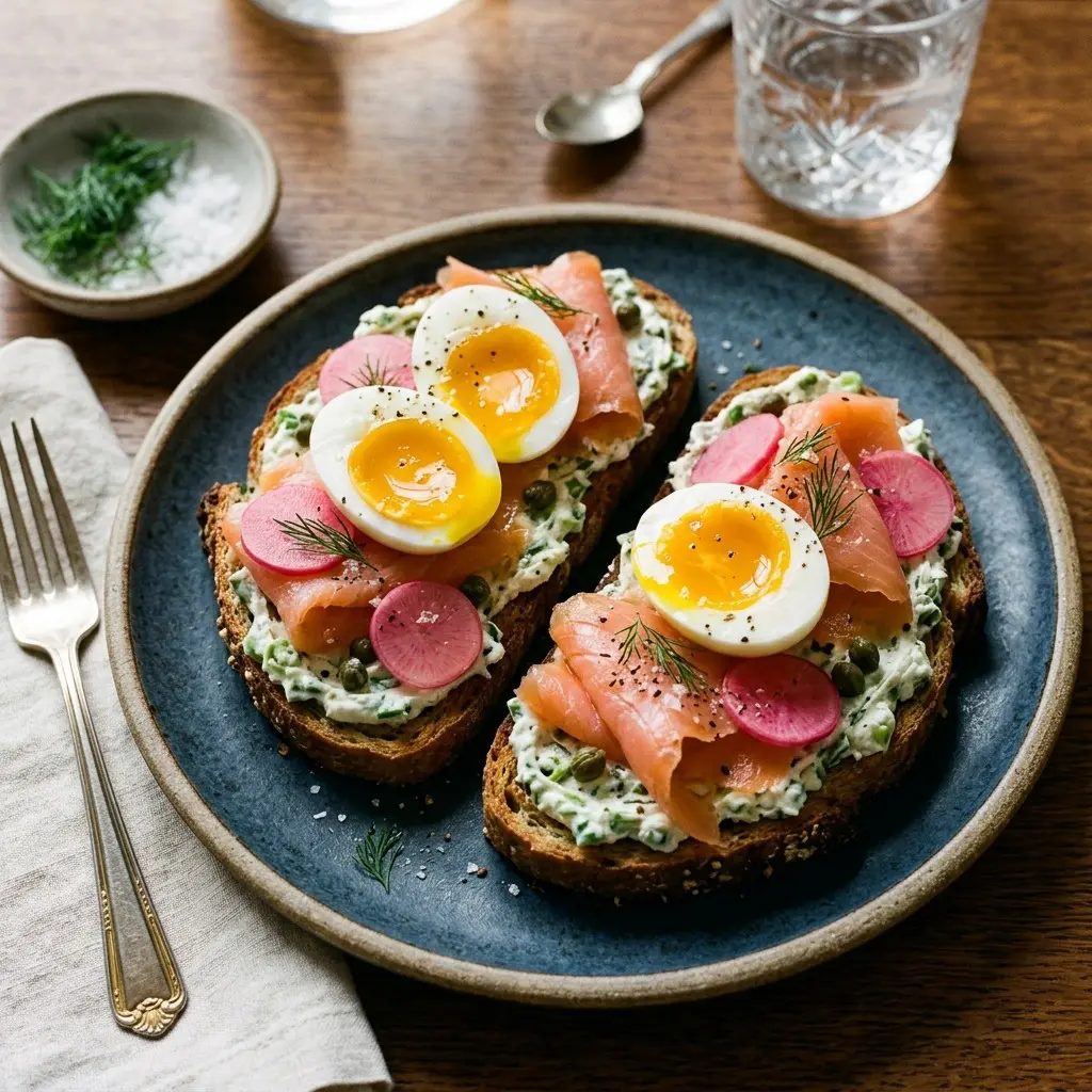 Stunning plated serving of Smoked Salmon Toasts with Scallion-Caper Cream Cheese, Pickled Radishes, and Jammy Eggs, a chef-tested recipe by Chef Jorj Morgan.