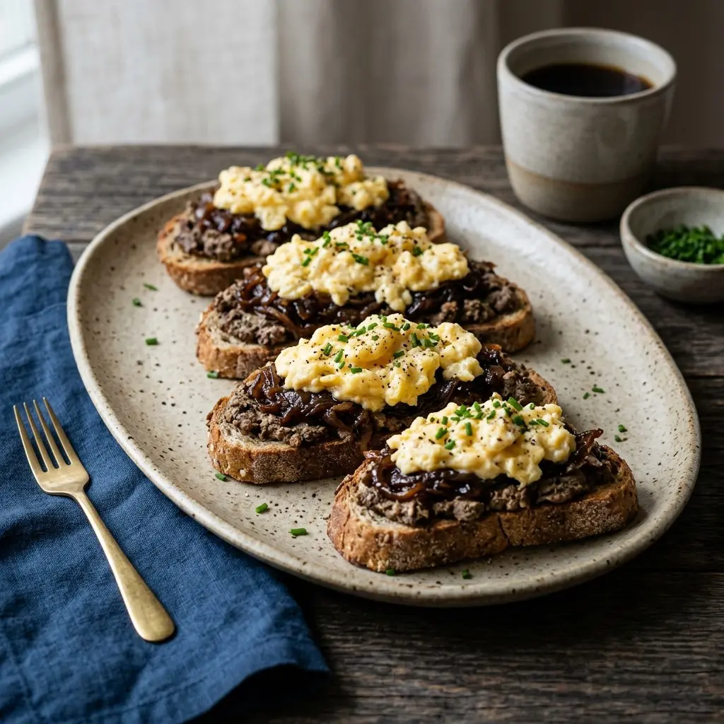 Stunning plated serving of Chicken Liver Toasts with Caramelized Onions and Scrambled Eggs, a chef-tested recipe by Chef Jorj Morgan.