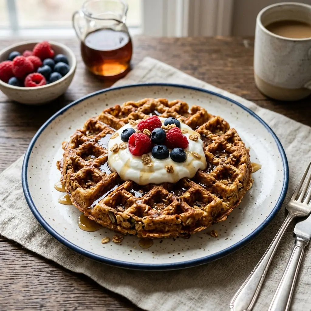 Stunning plated serving of Granola Waffles with Yogurt and Berries, a chef-tested recipe by Chef Jorj Morgan.
