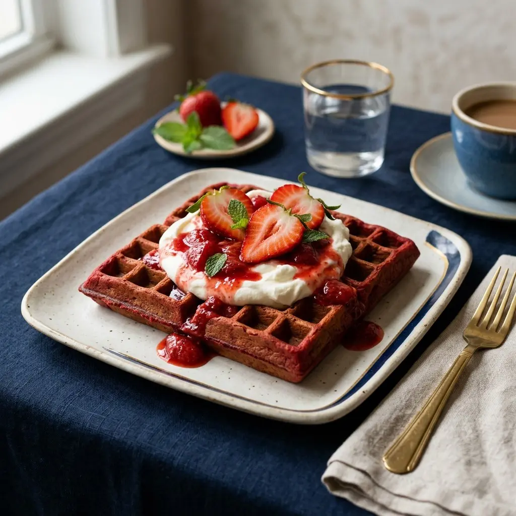 Stunning plated serving of Red Velvet Waffles with Strawberry Syrup and Mascarpone Cream, a chef-tested recipe by Chef Jorj Morgan.