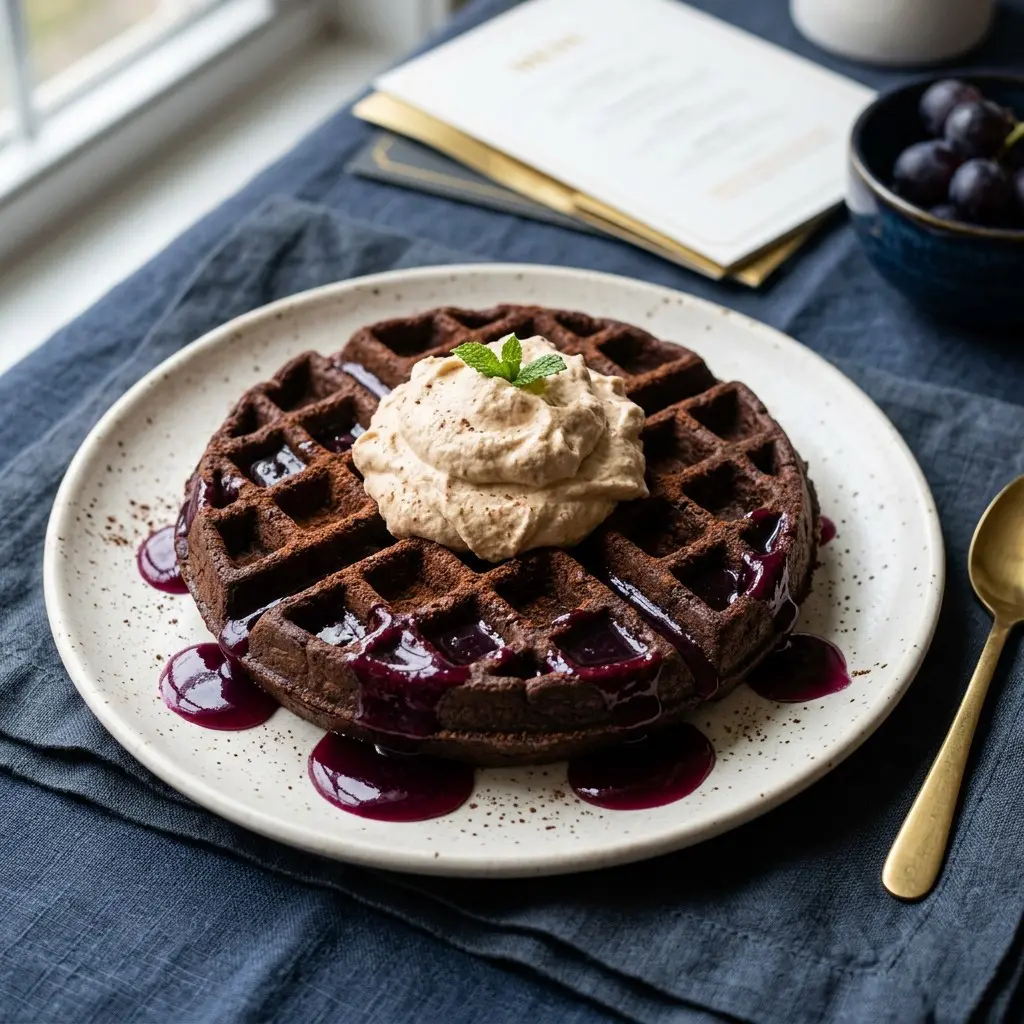Stunning plated serving of Cocoa Waffles with Peanut Butter Whipped Cream and Grape Jelly Syrup, a chef-tested recipe by Chef Jorj Morgan.
