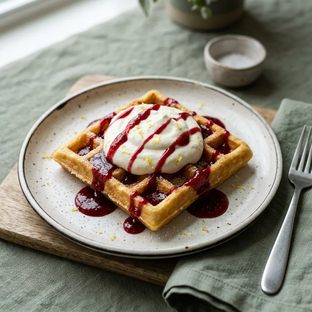 Stunning plated serving of Lemon Sunrise Waffles with Lemon Cream and Raspberry Syrup, a chef-tested recipe by Chef Jorj Morgan.