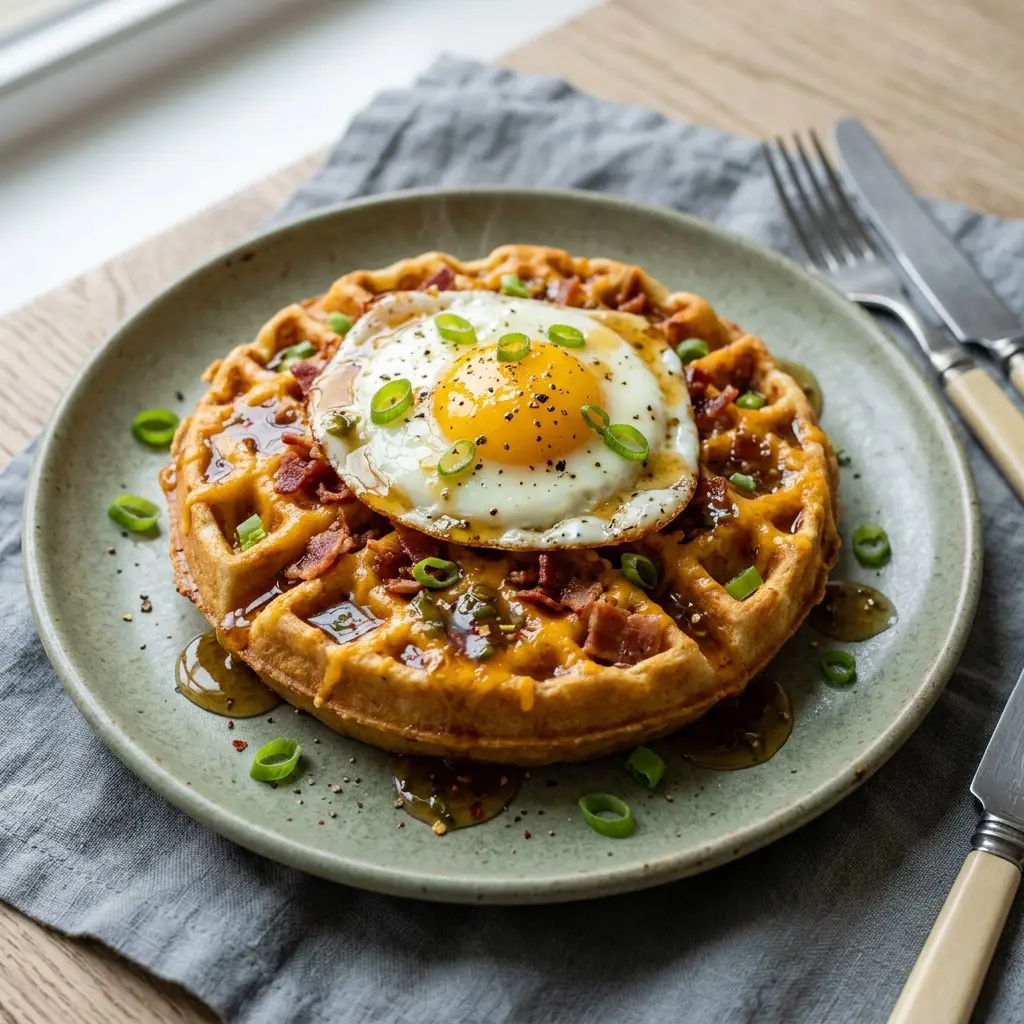 Stunning plated serving of Cheddar, Bacon, and Green Onion Waffles with Jalapeño-Maple Syrup and Glazed Eggs, a chef-tested recipe by Chef Jorj Morgan.