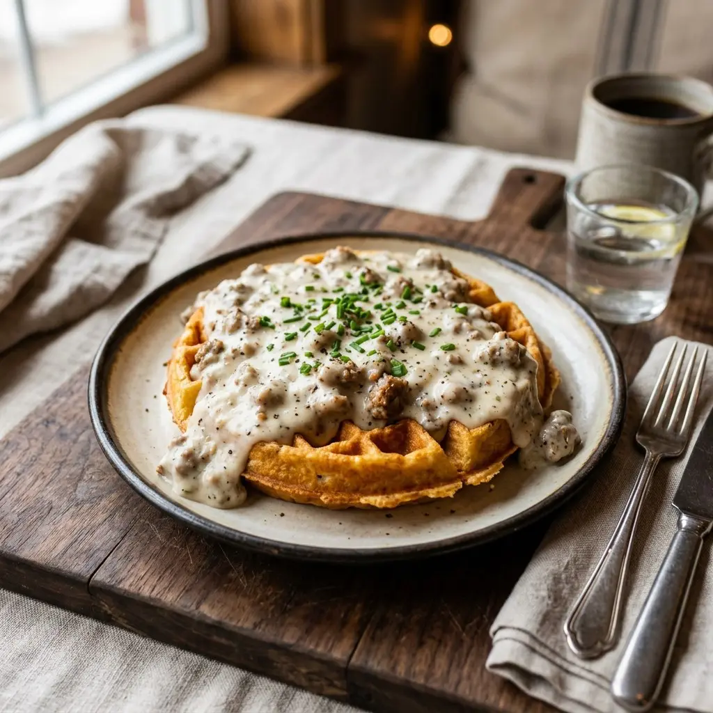 Stunning plated serving of Buttermilk Biscuit Waffles with Sausage Gravy, a chef-tested recipe by Chef Jorj Morgan.
