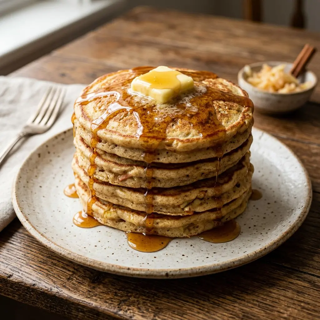 Stunning plated serving of Cinnamon-Apple Pancakes, a chef-tested recipe by Chef Jorj Morgan.