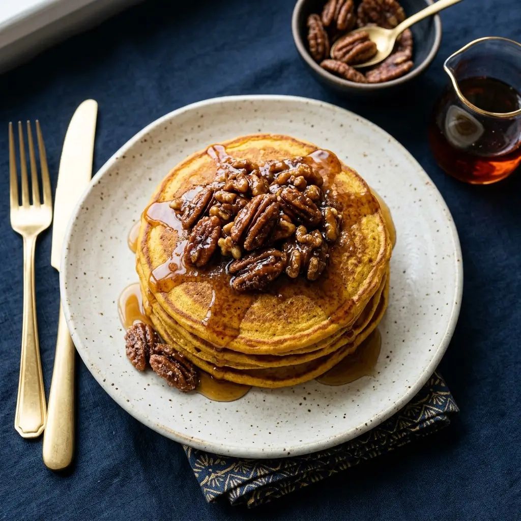 Stunning plated serving of Pumpkin Pie Pancakes with Sugared Pecans, a chef-tested recipe by Chef Jorj Morgan.