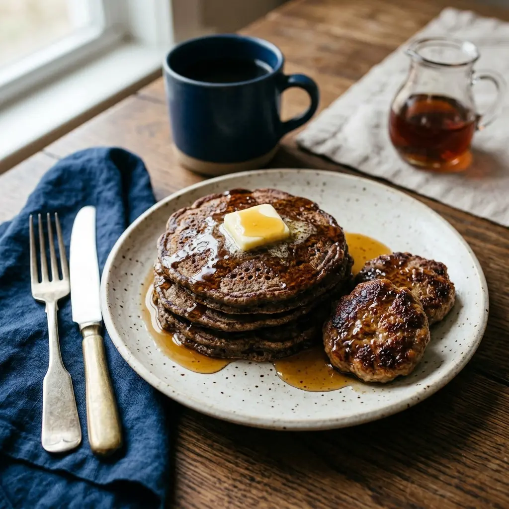 Stunning plated serving of Buckwheat Flapjacks with Sausage and Maple Syrup, a chef-tested recipe by Chef Jorj Morgan.