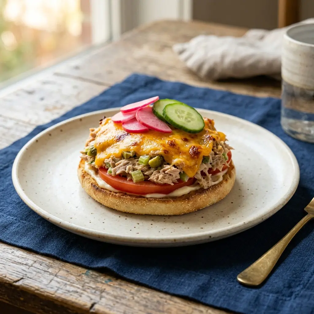 Stunning plated serving of My Way” Tuna Melt with Pickled Vegetables, a chef-tested recipe by Chef Jorj Morgan.