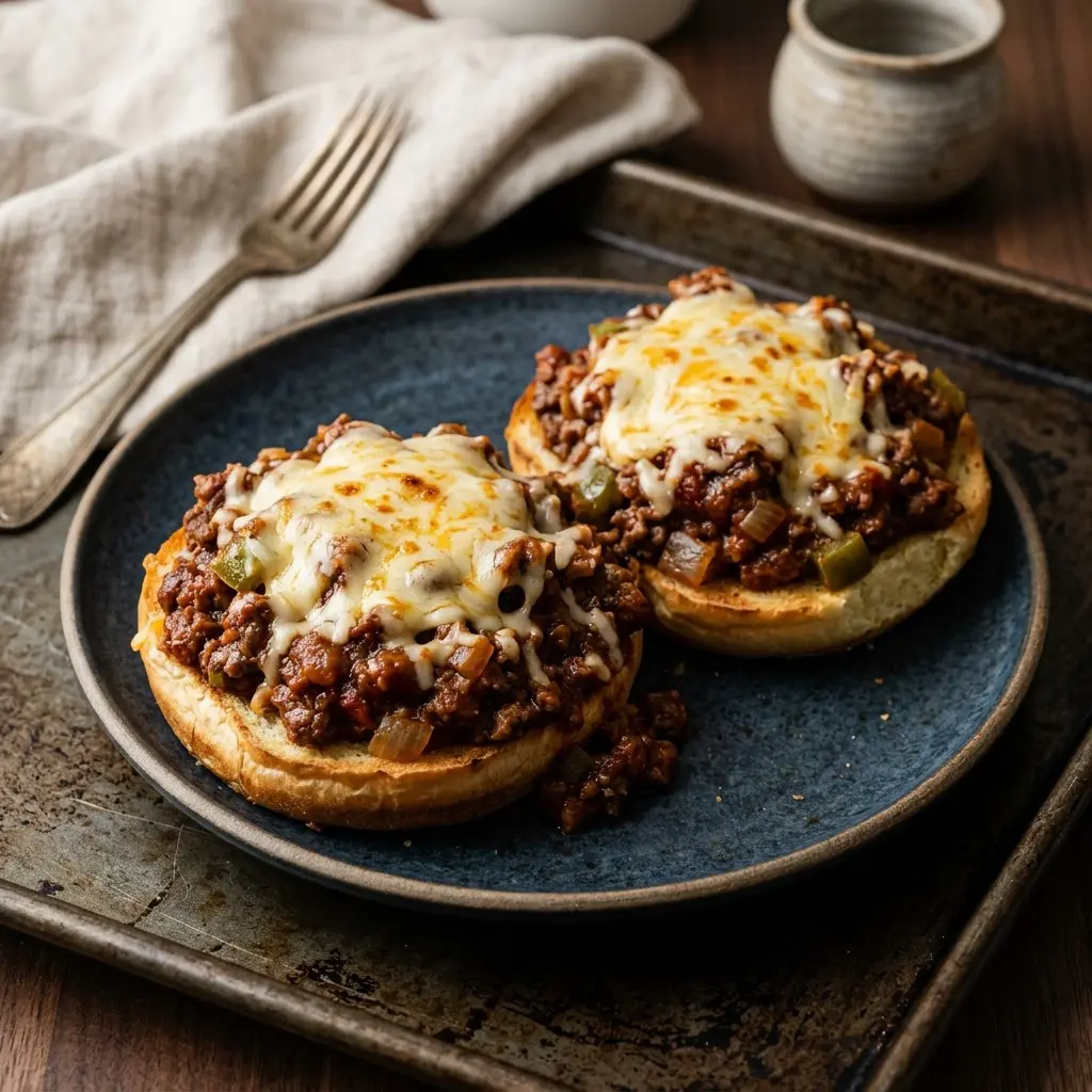 Stunning plated serving of Open-Faced Cheese-Topped Sloppy Joes, a chef-tested recipe by Chef Jorj Morgan.