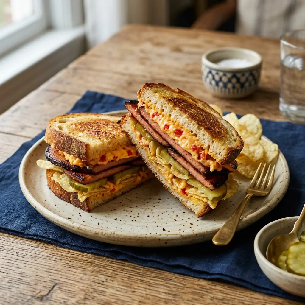 Stunning plated serving of Pimento Cheese Sandwiches with Fried Bologna, a chef-tested recipe by Chef Jorj Morgan.
